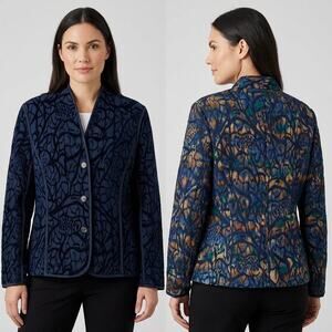 Reversible Navy Blue Textured Floral Jacquard Button Jacket Size L